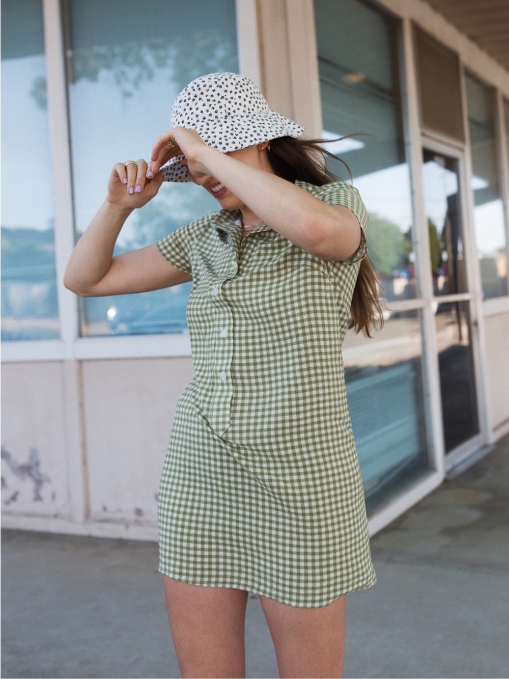 Urban Outfitters Gingham Button-Front Mini Dress in Sage Green